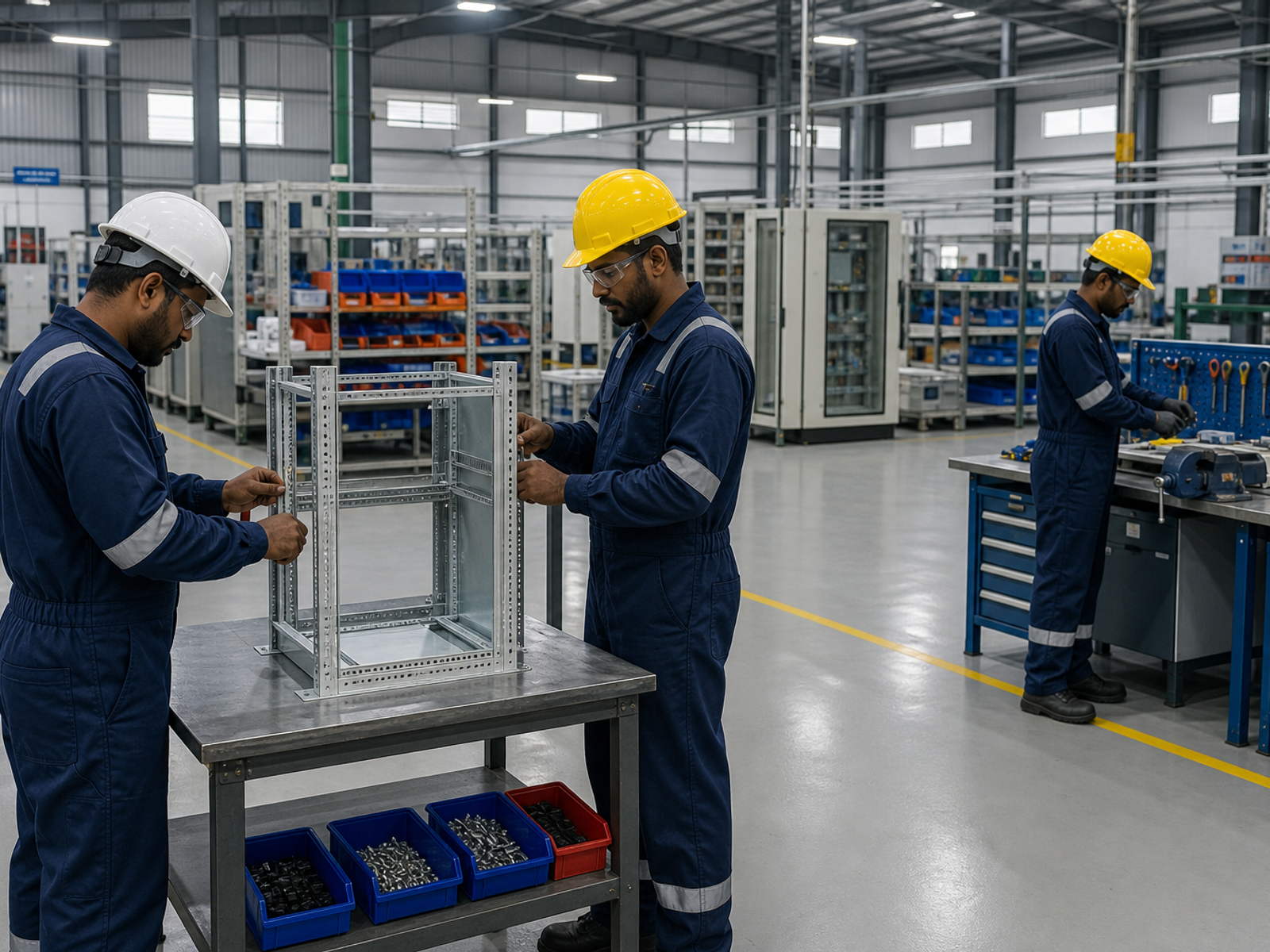 Sri Lankan technicians in safety overalls on the Yakkala fabrication floor