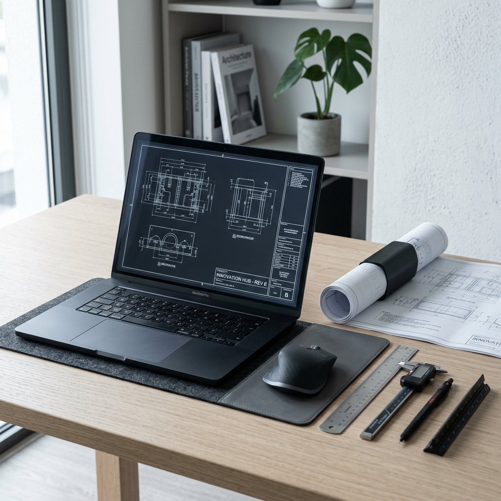 Engineering desk with schematics and blueprint