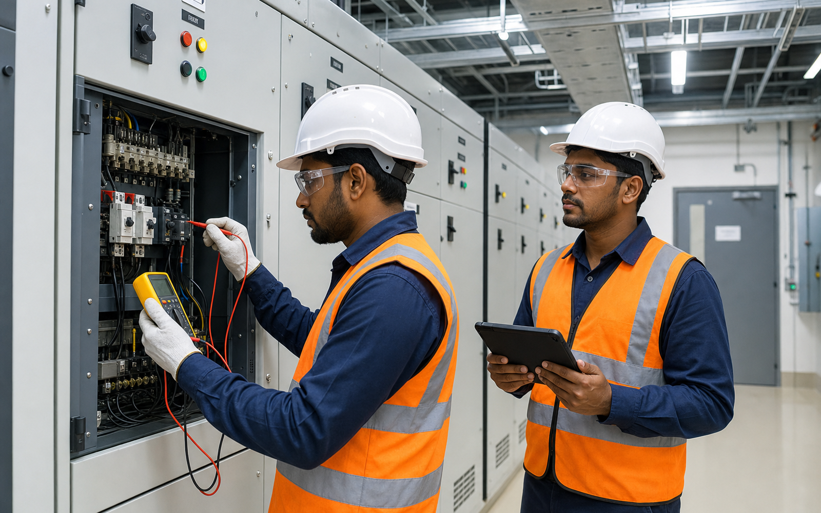 Sri Lankan engineers testing a low-voltage switchboard during commissioning