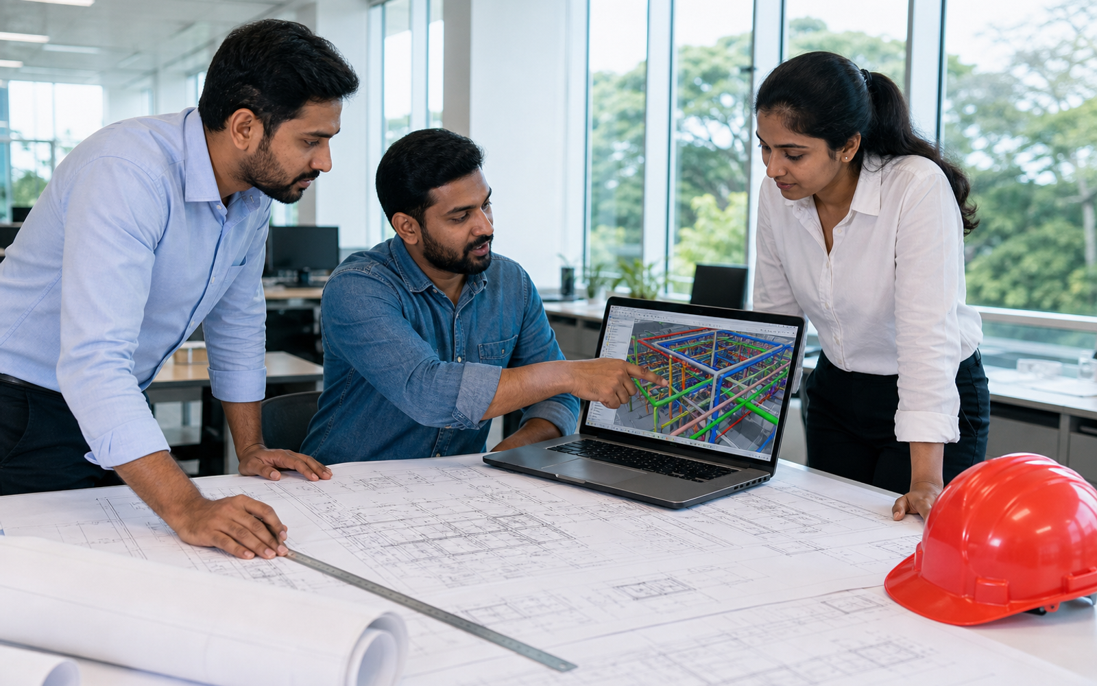 Sri Lankan engineers reviewing electrical drawings and a services model