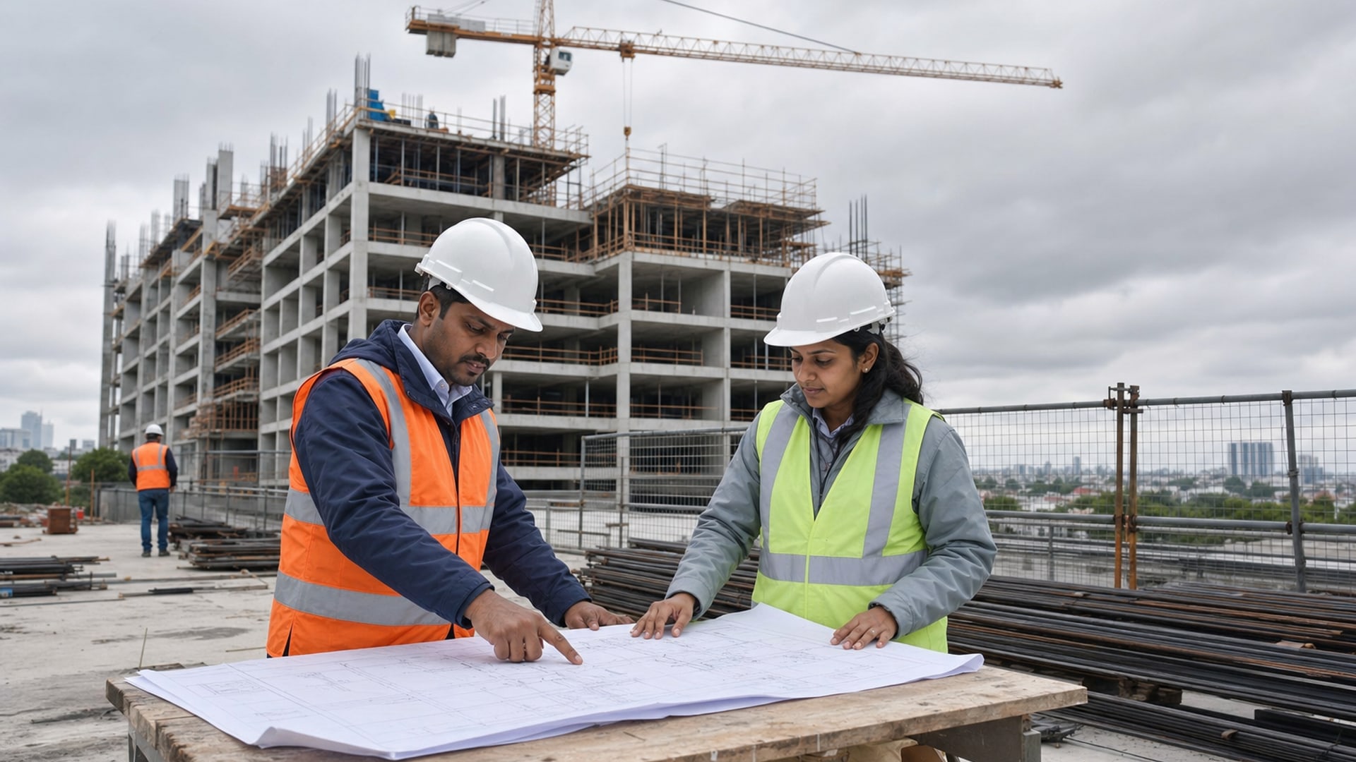 Sri Lankan civil engineers reviewing plans on a construction site