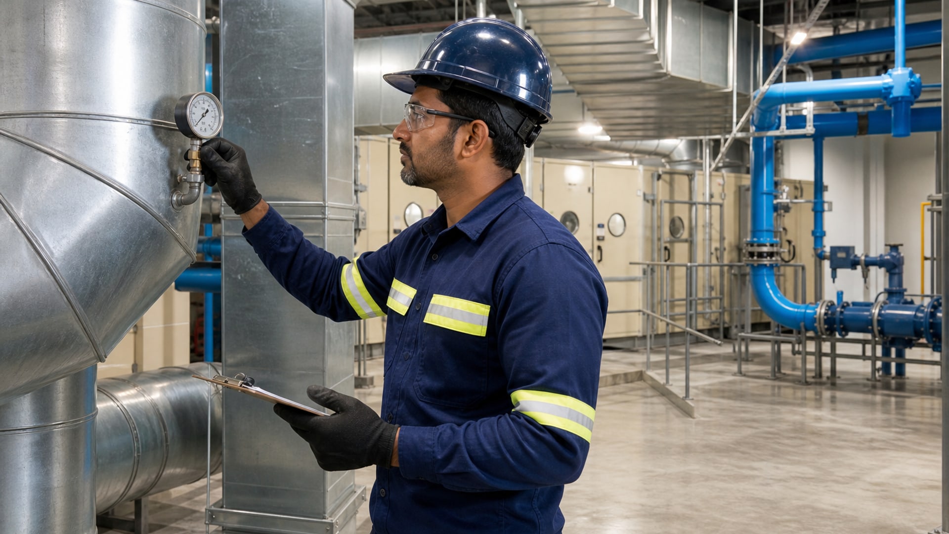 Sri Lankan mechanical technician inspecting HVAC plant room systems