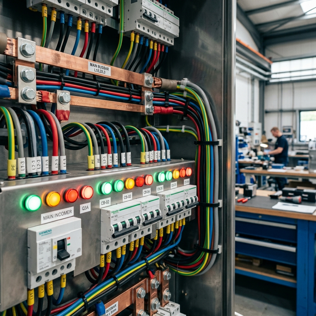 Busbar and control wiring assembled in the switchboard workshop