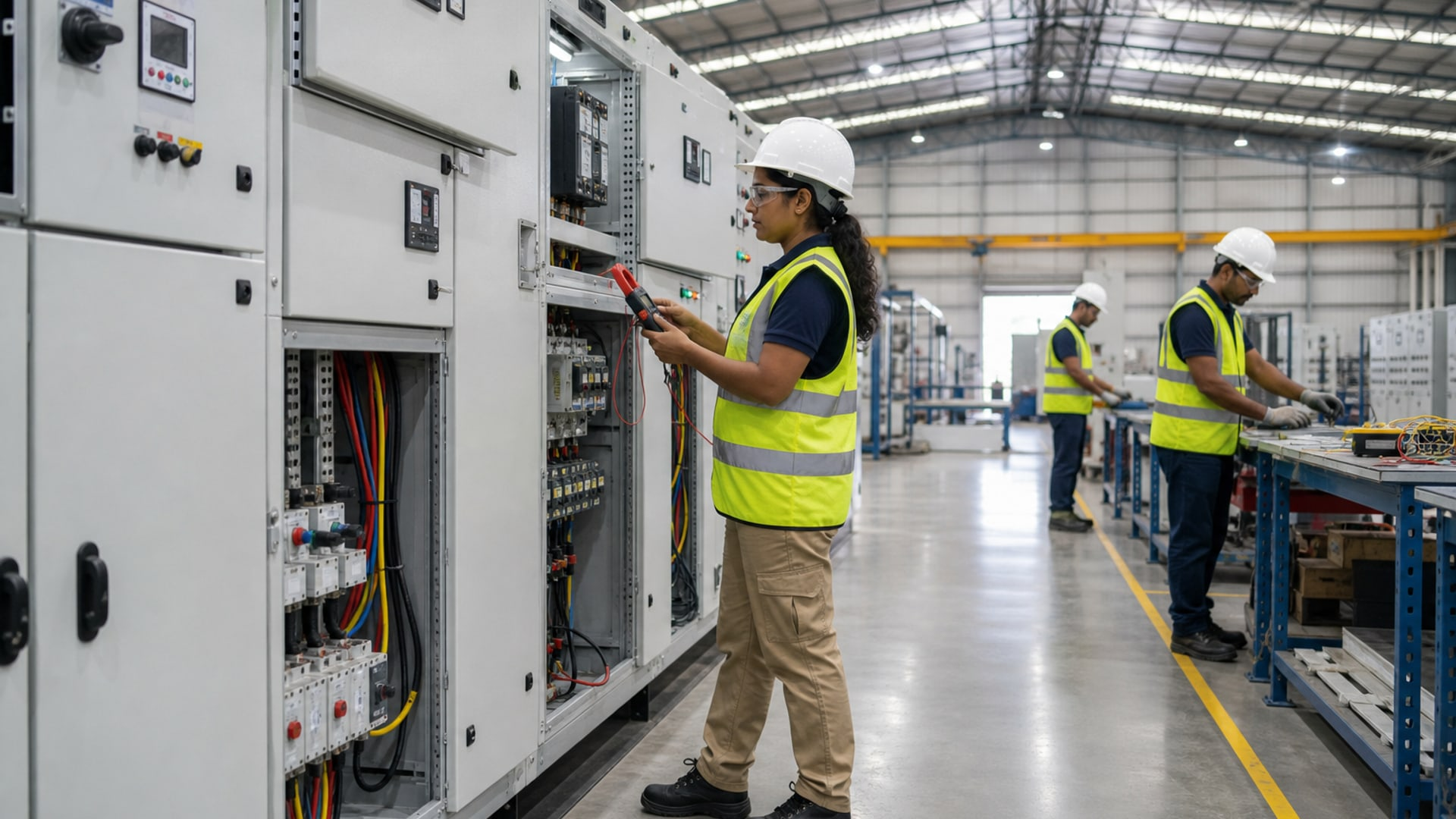 Sri Lankan technicians assembling and testing LV switchboards at Yakkala